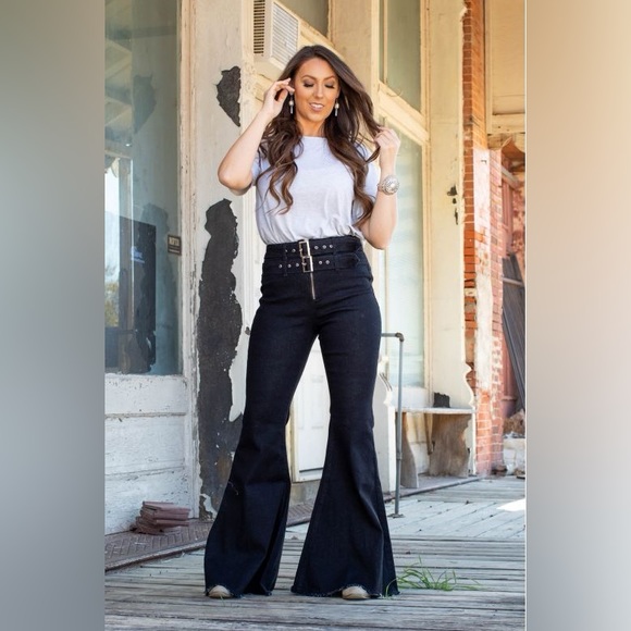 L&B Denim - L&B double belt black flare jeans